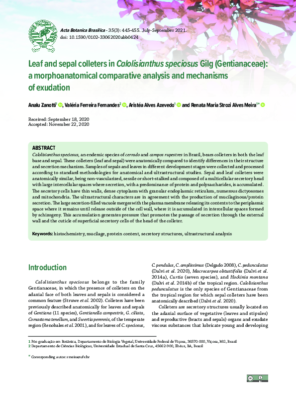 (PDF) Leaf and sepal colleters in Calolisianthus speciosus Gilg ...