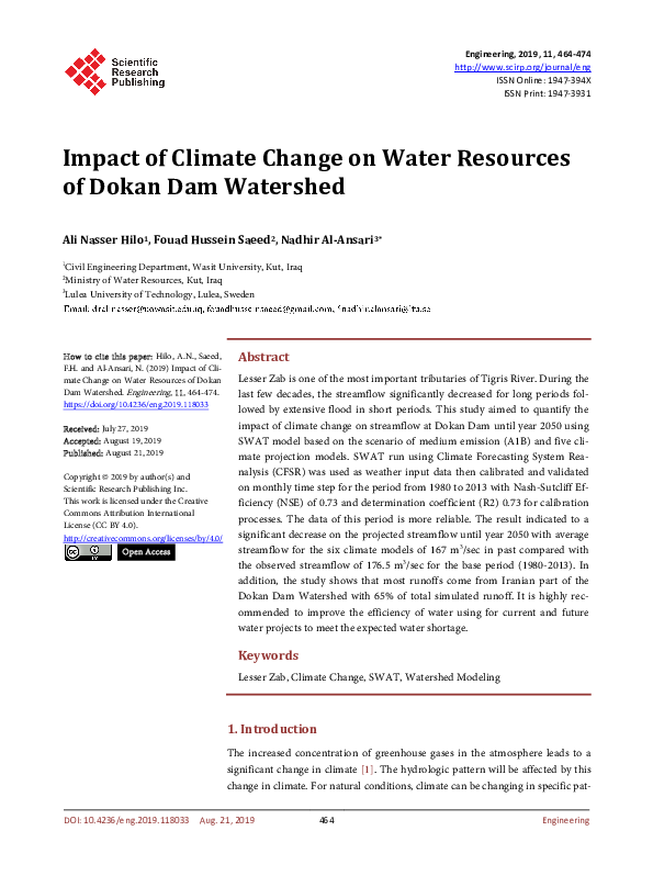 (PDF) Impact of Climate Change on Water Resources of Dokan Dam Watershed