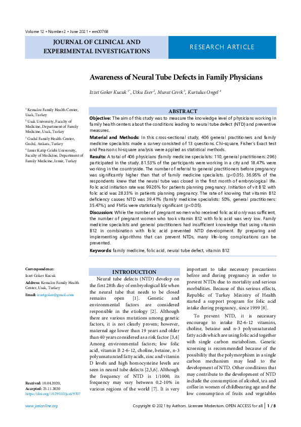 (PDF) Awareness of Neural Tube Defects in Family Physicians