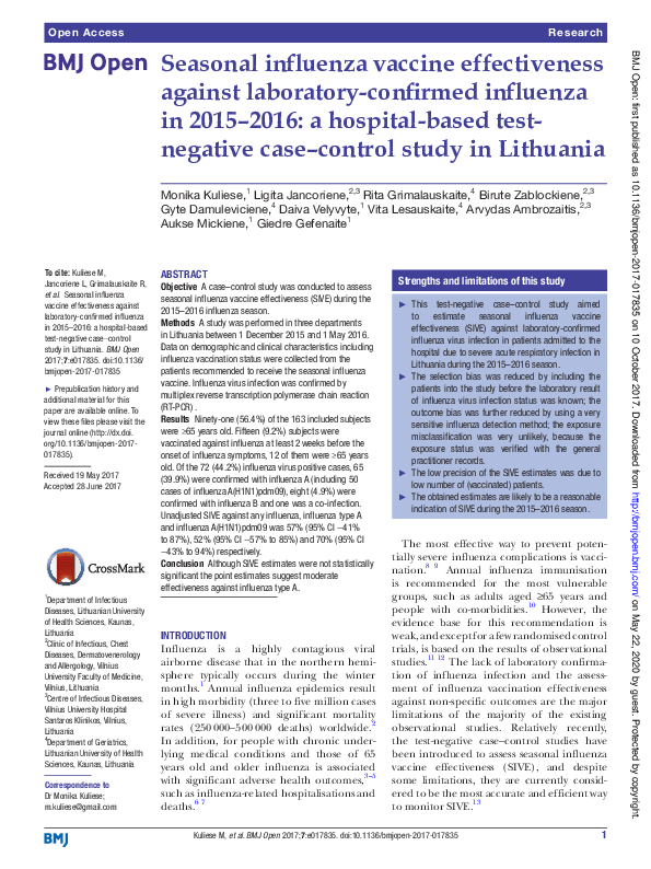 (PDF) Seasonal influenza vaccine effectiveness against laboratory ...