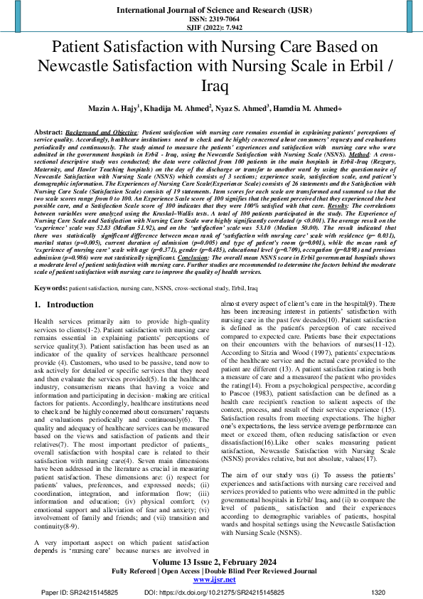(PDF) Patient Satisfaction with Nursing Care Based on Newcastle ...