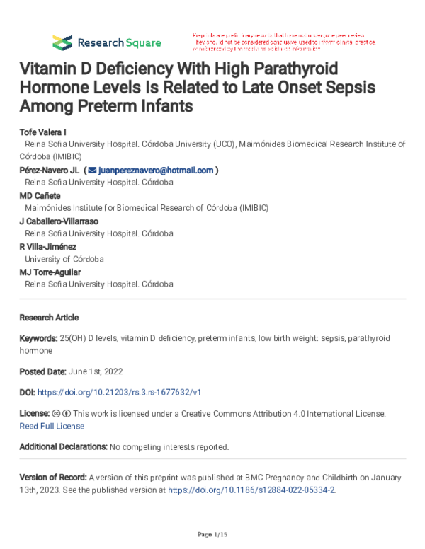 (PDF) Vitamin D Deficiency With High Parathyroid Hormone Levels Is ...