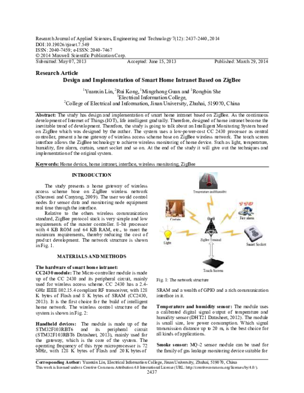 (PDF) Design and Implementation of Smart Home Intranet Based on ZigBee