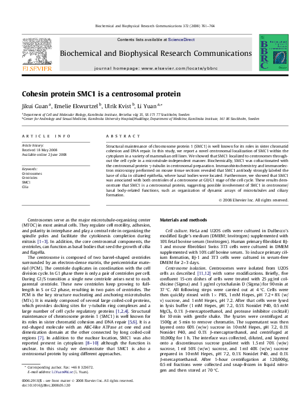 (PDF) Cohesin protein SMC1 is a centrosomal protein