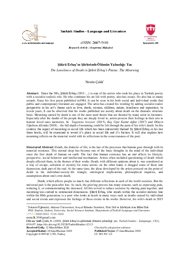 (PDF) Şükrü Erbaş’ın Şiirlerinde Ölümün Yalnızlığı: Yas