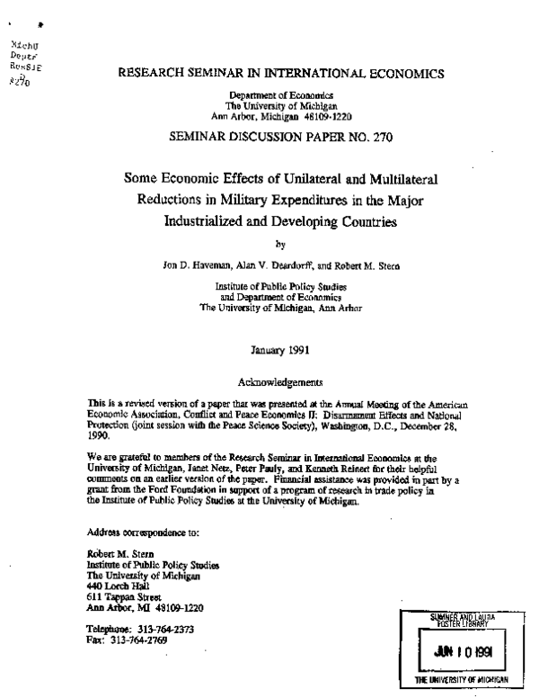 Some Economic Effects of Unilateral and Multilateral Reductions in Military Expenditures in the Major Industrialized and Developing Countries