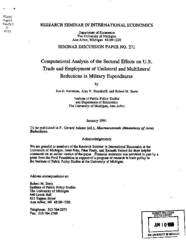 Computational Analysis of the Sectoral Effects on U.S. Trade and Employment of Unilateral and Multilateral Reductions in Military Expenditures