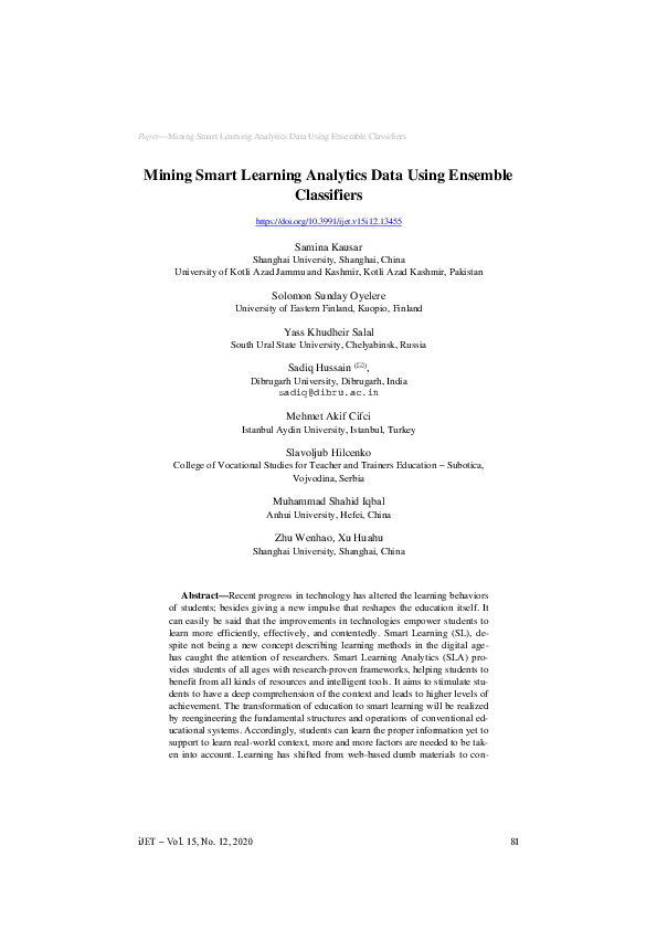 (PDF) Mining Smart Learning Analytics Data Using Ensemble Classifiers