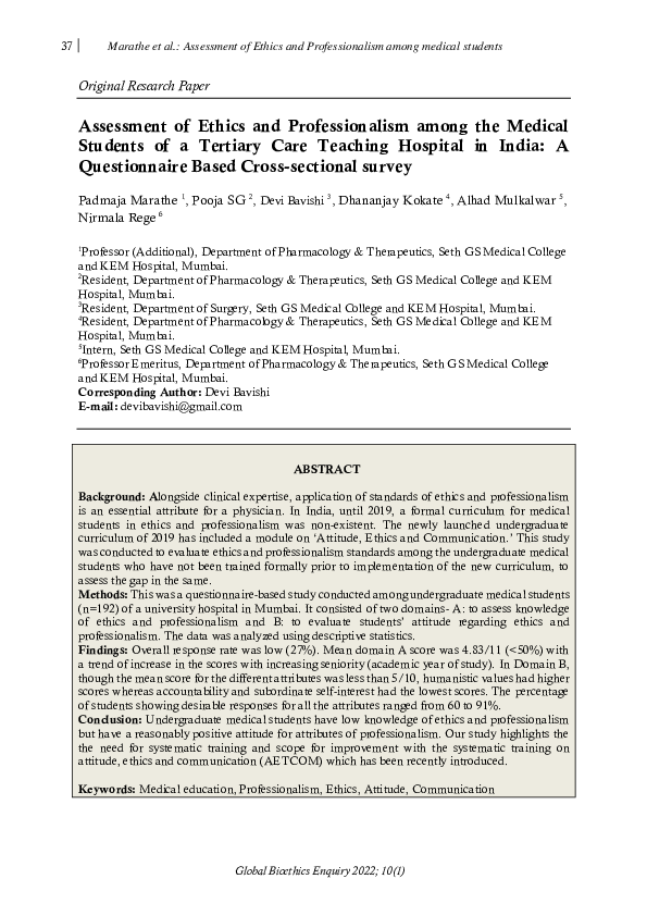 (PDF) Assessment of Ethics and Professionalism among the Medical ...