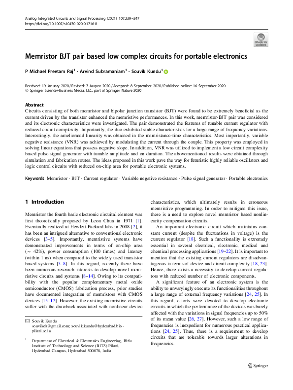 (PDF) Memristor BJT pair based low complex circuits for portable ...