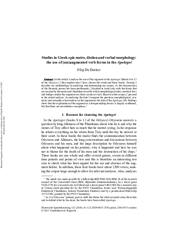 Studies in Greek epic metre, diction and verbal morphology: the use of (un)augmented verb forms in the Apologoi