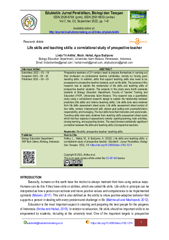 (PDF) Life skills and teaching skills: a correlational study of ...