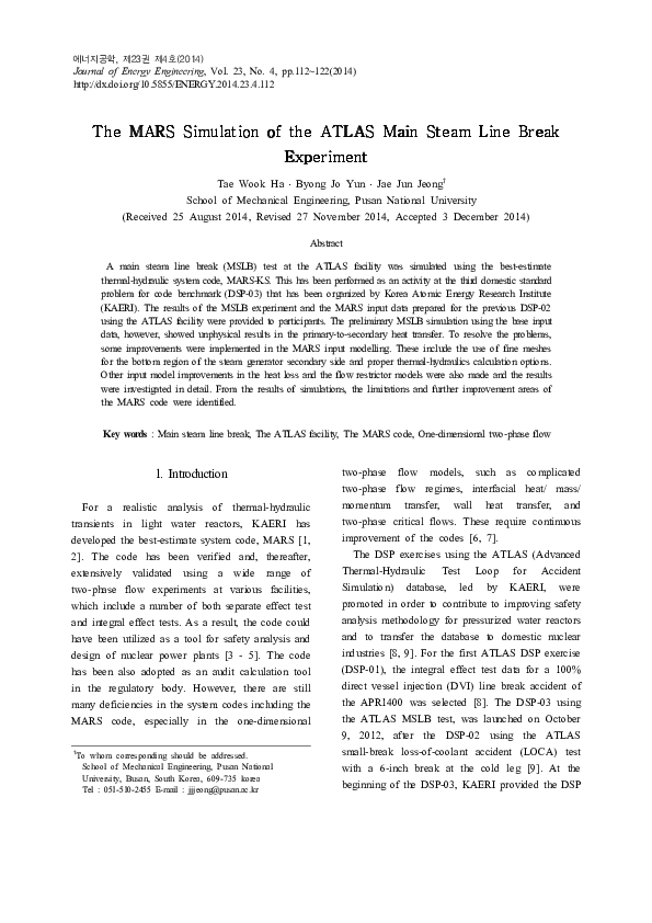 (PDF) The MARS Simulation of the ATLAS Main Steam Line Break Experiment