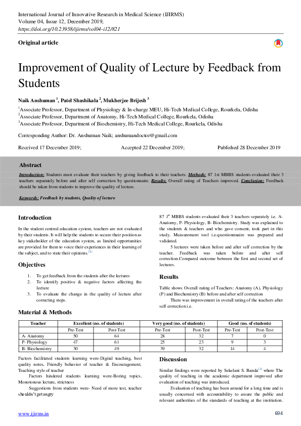(PDF) Improvement of Quality of Lecture by Feedback from Students