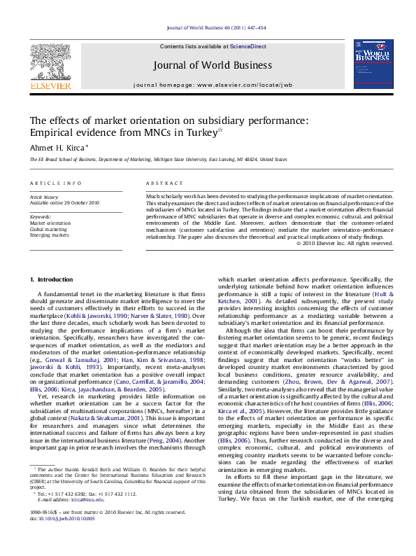(PDF) The effects of market orientation on subsidiary performance ...