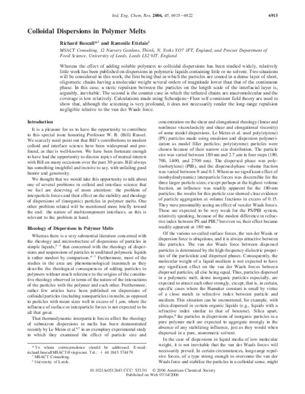 (PDF) Colloidal Dispersions in Polymer Melts
