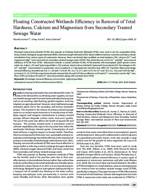 (PDF) Floating Constructed Wetlands efficiency in Total hardness ...