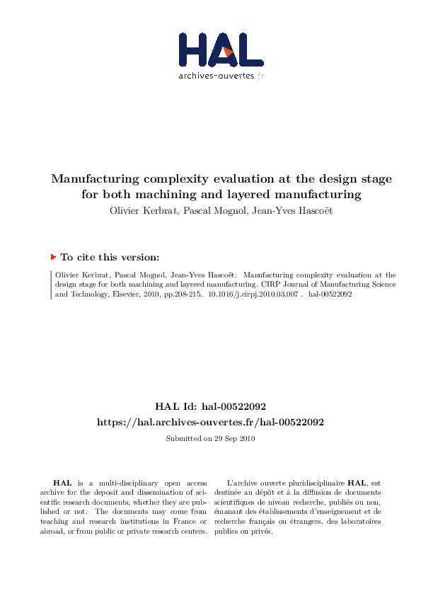 (PDF) Manufacturing complexity evaluation at the design stage for both ...