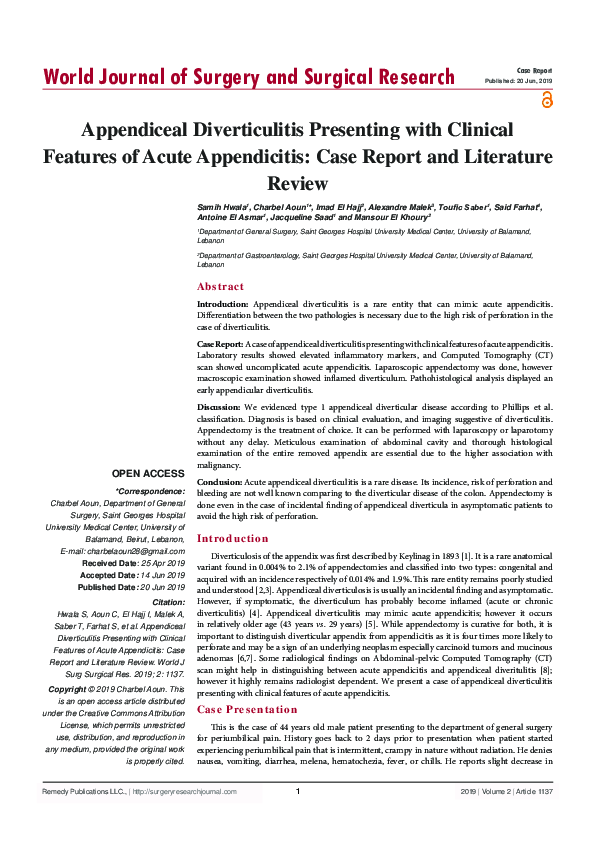 (PDF) Appendiceal Diverticulitis Presenting with Clinical Features of ...