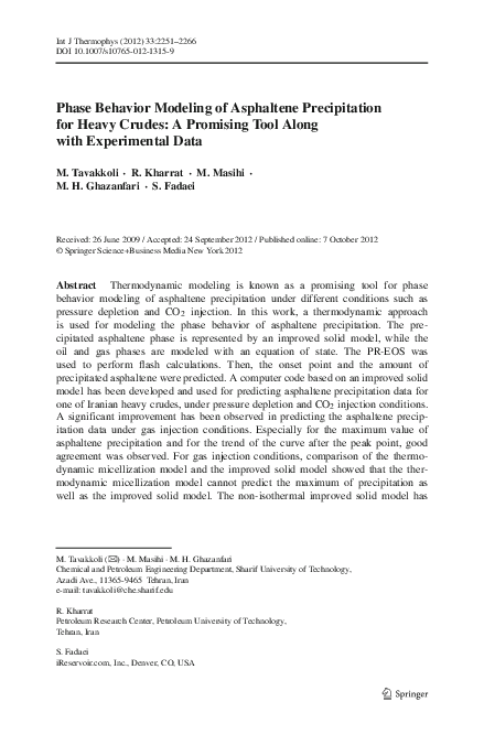 (PDF) Phase Behavior Modeling of Asphaltene Precipitation for Heavy ...