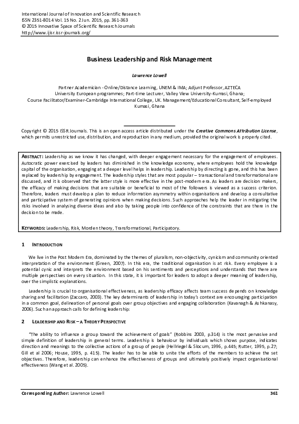 (PDF) Business Leadership and Risk Management