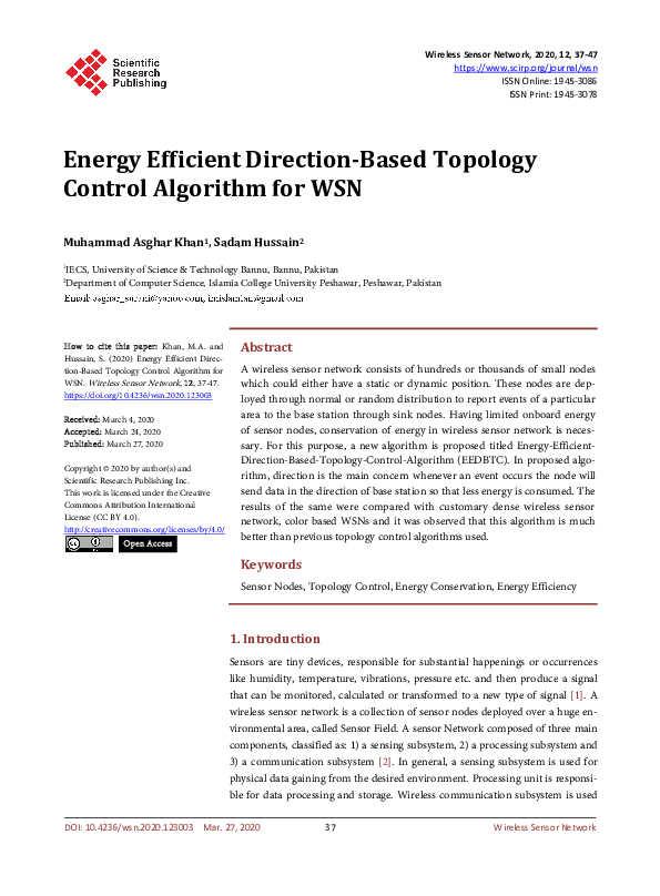 (PDF) Energy Efficient Direction-Based Topology Control Algorithm for WSN