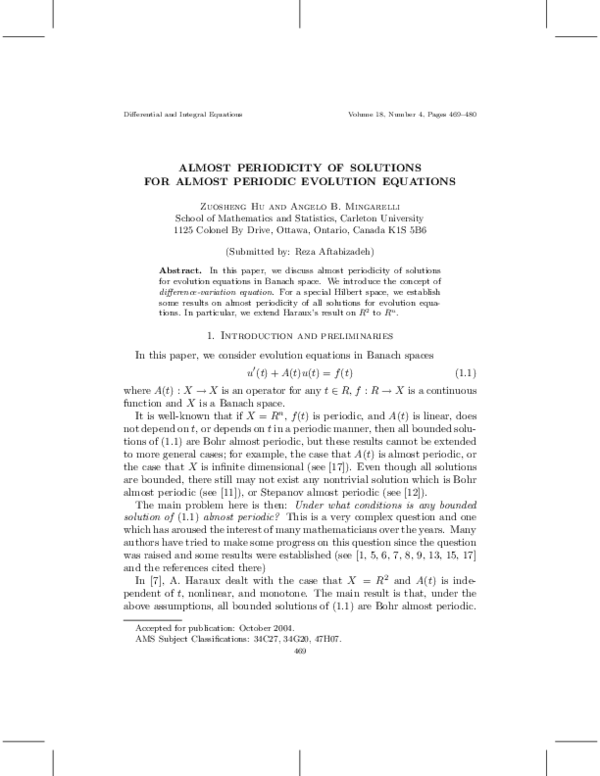 (PDF) Almost periodicity of solutions for almost periodic evolution ...