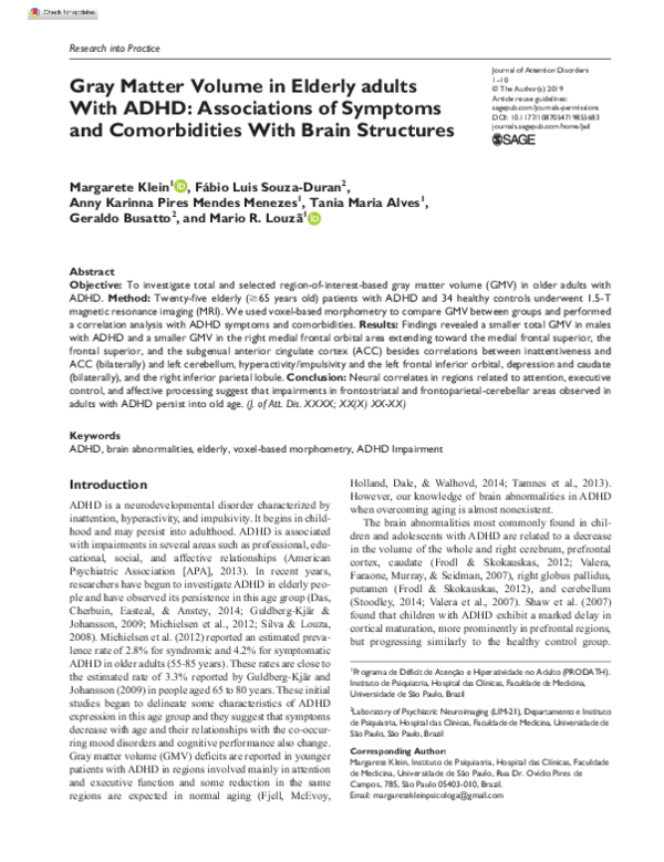 (PDF) Gray Matter Volume in Elderly adults With ADHD: Associations of ...