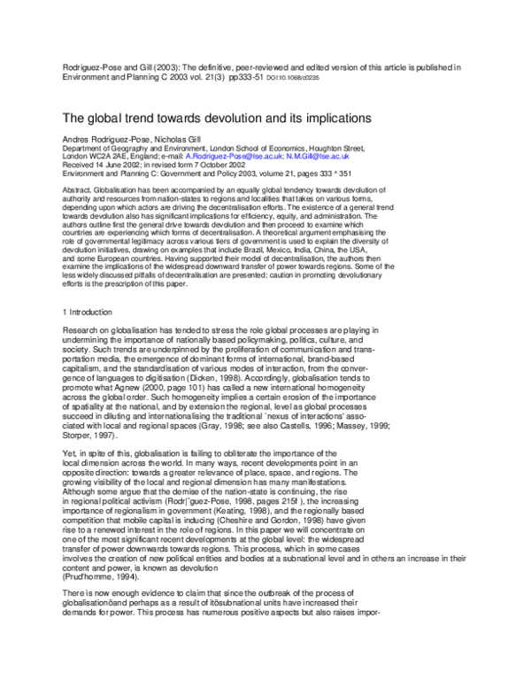 (PDF) The Global Trend towards Devolution and its Implications