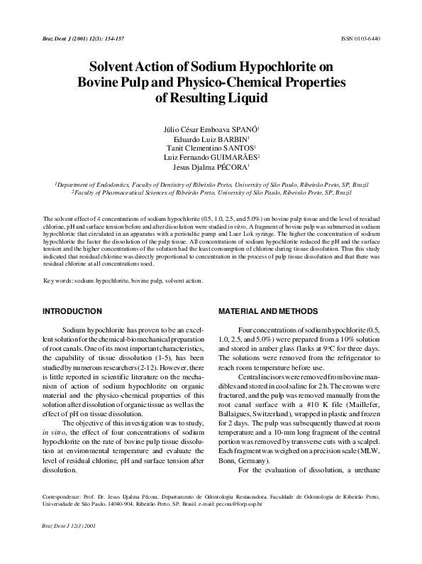 (PDF) Solvent action of sodium hypochlorite on bovine pulp and physico ...
