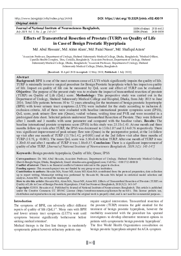 (PDF) Effects of Transurethral Resection of Prostate (TURP) on Quality ...