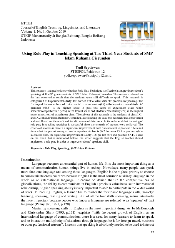 (PDF) Using Role Play in Teaching Speaking at The Third Year Students ...