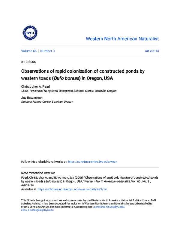 (PDF) Observations of Rapid Colonization of Constructed Ponds by ...