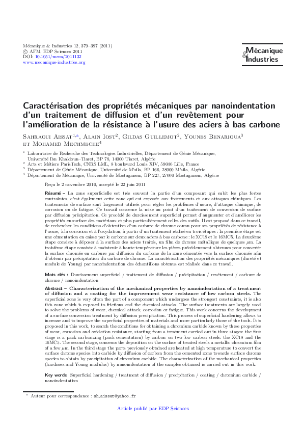 Characterization of the mechanical properties by nanoindentation of a treatment of diffusion and a coating for the improvement wear resistance of low carbon steels