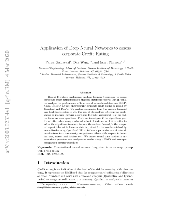 (PDF) Application of Deep Neural Networks to assess corporate Credit Rating