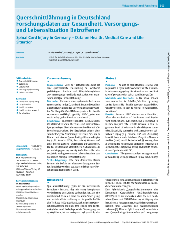 Querschnittlähmung in Deutschland – Forschungsdaten zur Gesundheit, Versorgungs- und Lebenssituation Betroffener
