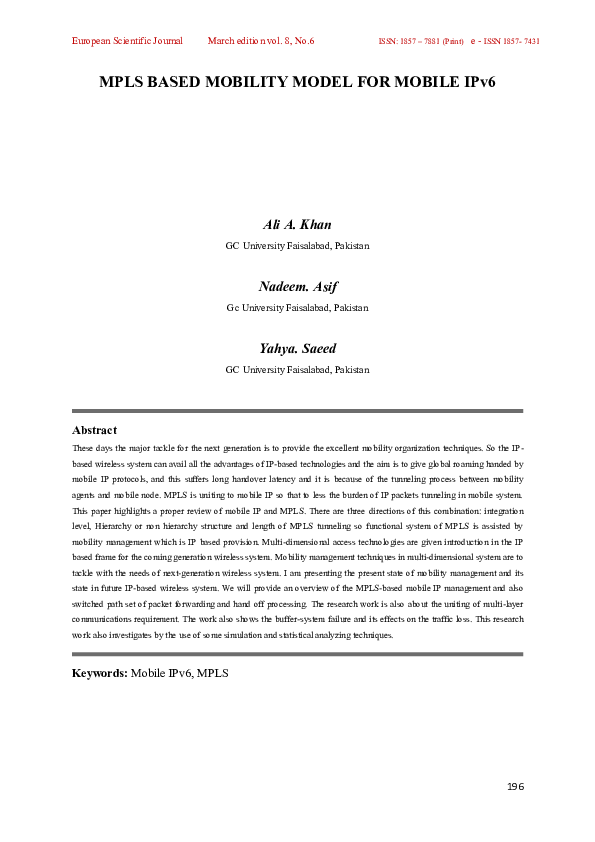 (PDF) MPLS BASED MOBILITY MODEL FOR MOBILE IPv6