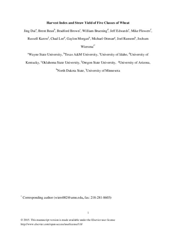 (PDF) Harvest index and straw yield of five classes of wheat
