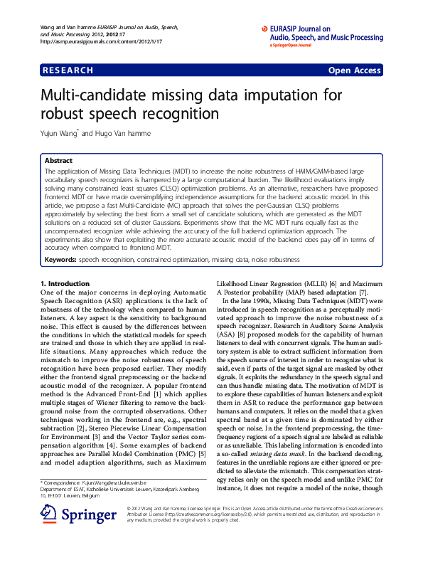 (PDF) Multi-candidate missing data imputation for robust speech recognition