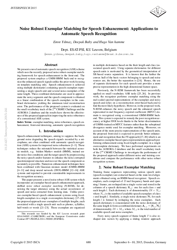 (PDF) Noise robust exemplar matching for speech enhancement ...