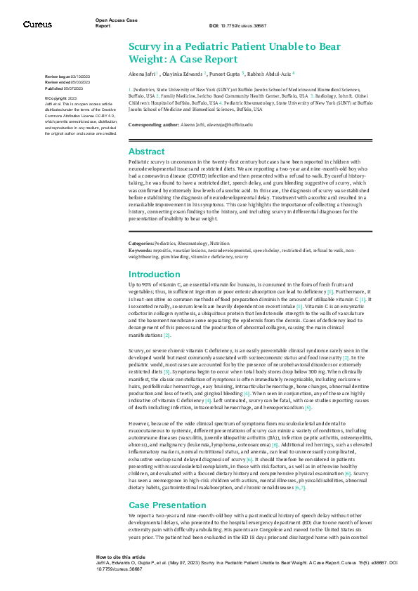 (PDF) Scurvy in a Pediatric Patient Unable to Bear Weight: A Case Report
