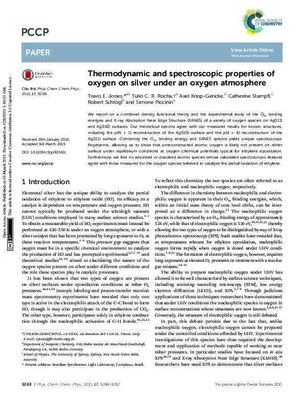 (PDF) Thermodynamic and spectroscopic properties of oxygen on silver ...