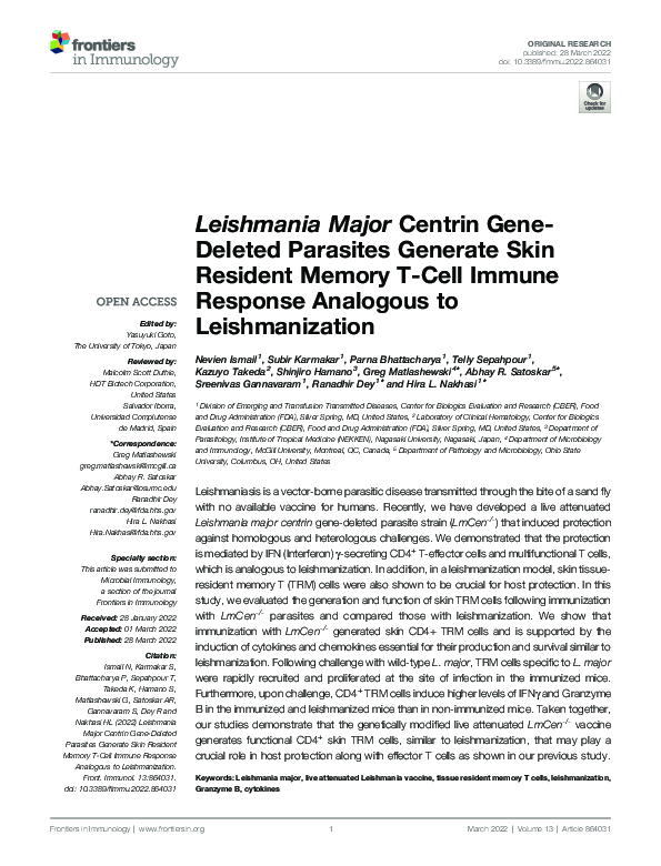 (PDF) Leishmania Major Centrin Gene-Deleted Parasites Generate Skin ...