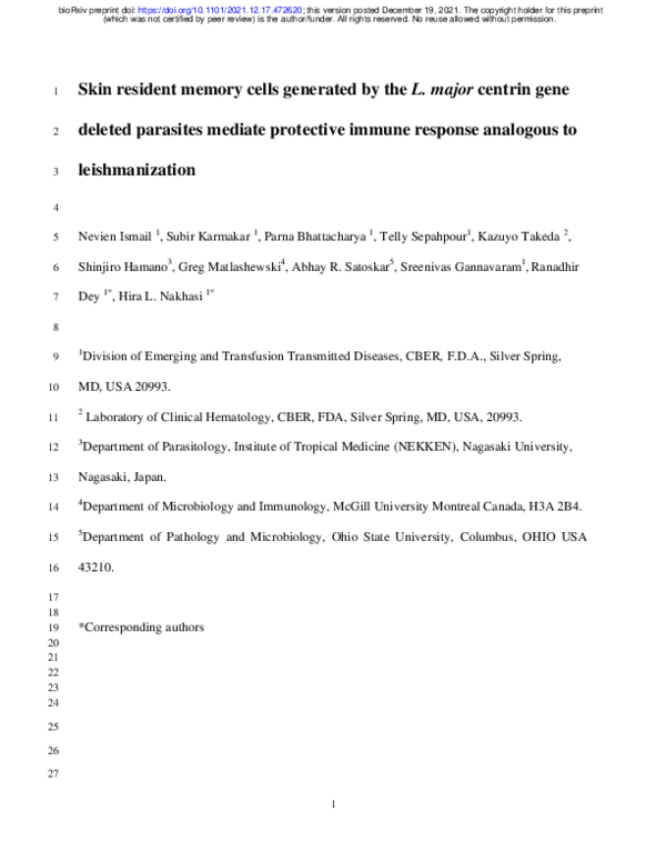 (PDF) Skin resident memory cells generated by the L. major centrin gene ...