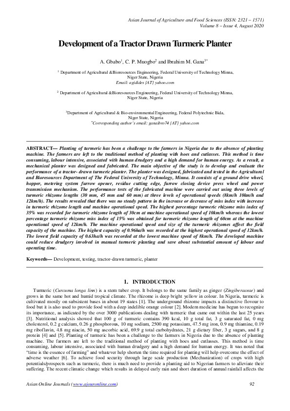(PDF) Development of a Tractor Drawn Turmeric Planter