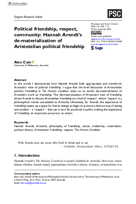 (PDF) Political friendship, respect, community: Hannah Arendt's de ...