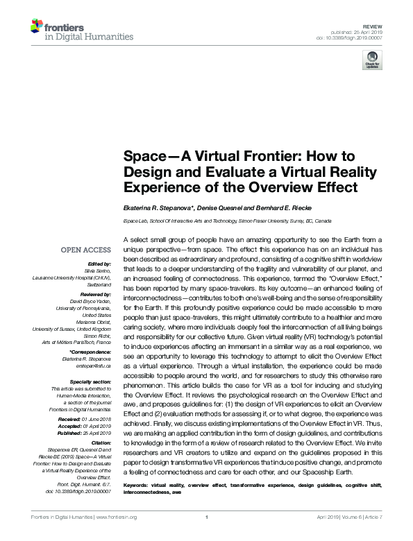 (PDF) Space—A Virtual Frontier: How to Design and Evaluate a Virtual ...