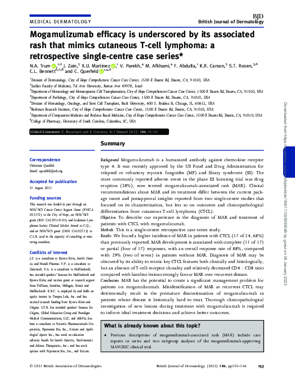 (PDF) Mogamulizumab efficacy is underscored by its associated rash that ...