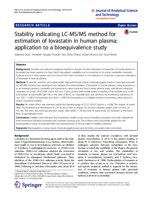 (PDF) Stability indicating LC-MS/MS method for estimation of lovastatin ...