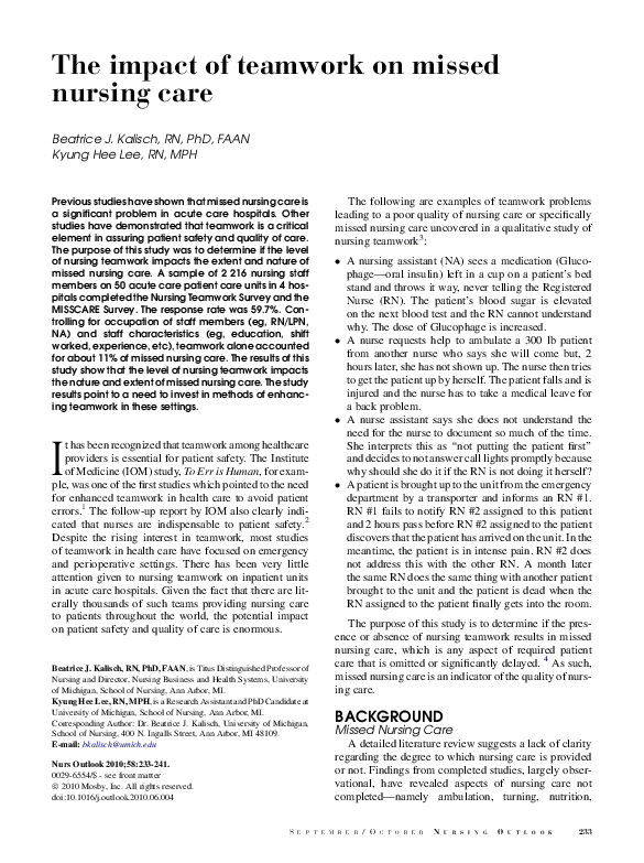(PDF) The impact of teamwork on missed nursing care